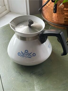 Corningware White Coffee Percolator with Blue Floral Motif and Black Handle